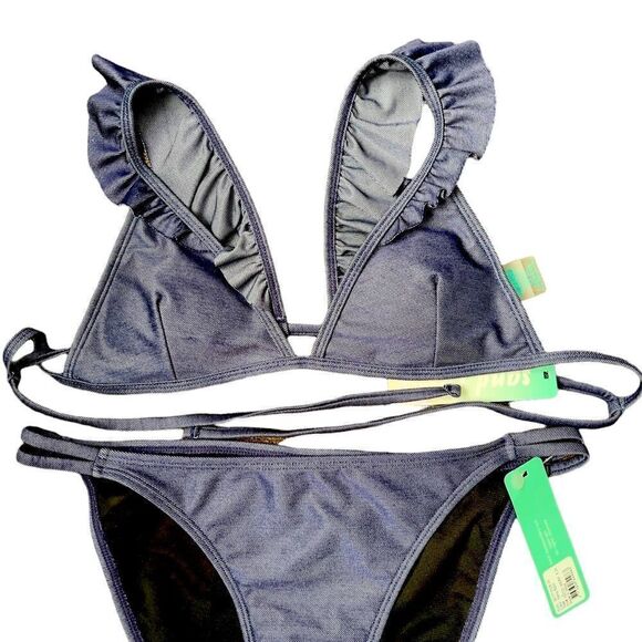 sand castle Navy Solid Ruffle Bikini Set Size Large - Picture 3 of 14